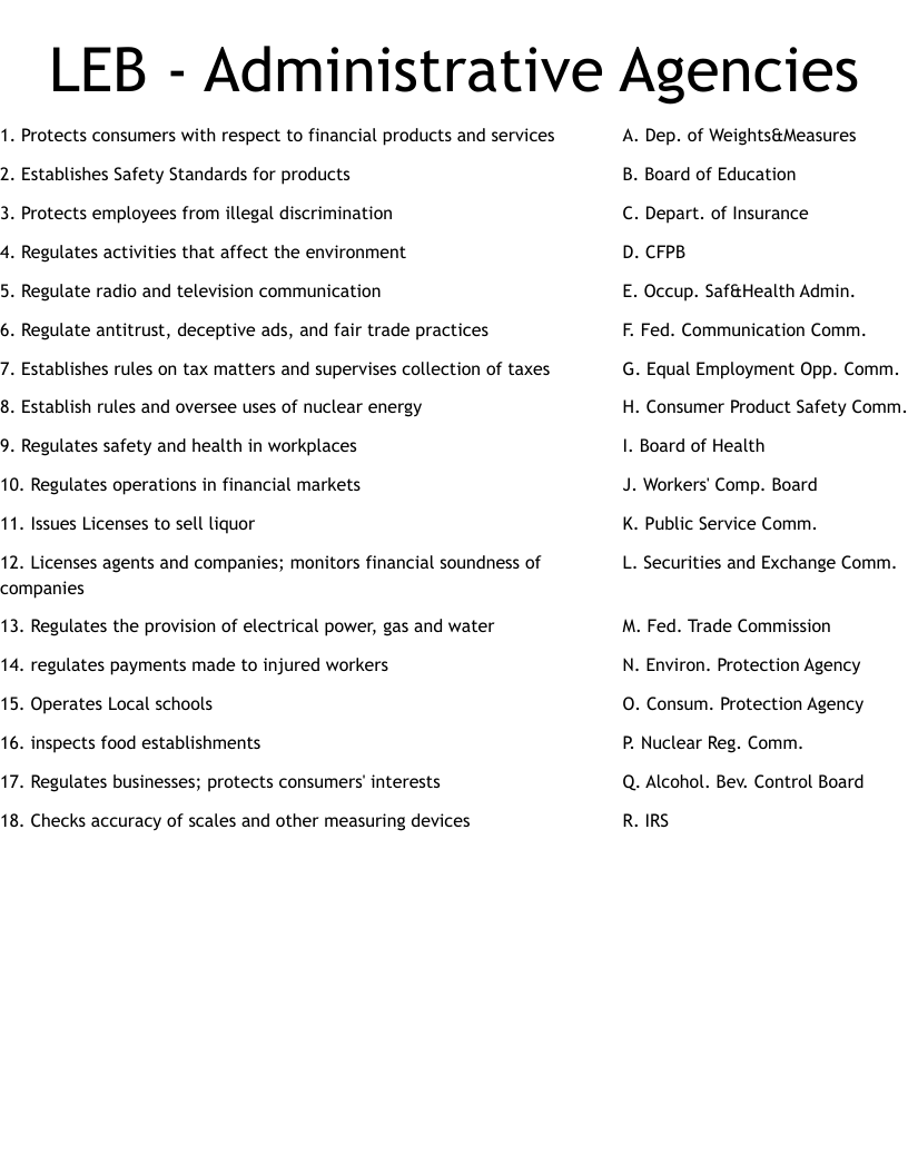 LEB - Administrative Agencies Worksheet