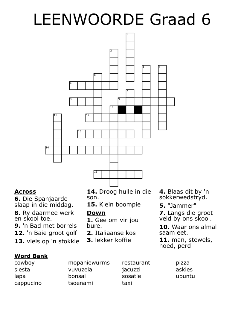 LEENWOORDE Graad 6 Crossword