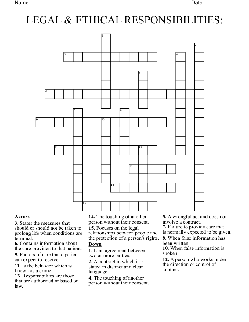 LEGAL & ETHICAL RESPONSIBILITIES: Crossword