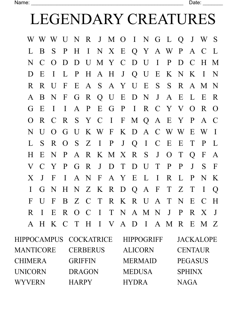 LEGENDARY CREATURES Word Search