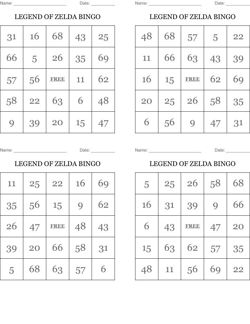 LEGEND OF ZELDA BINGO