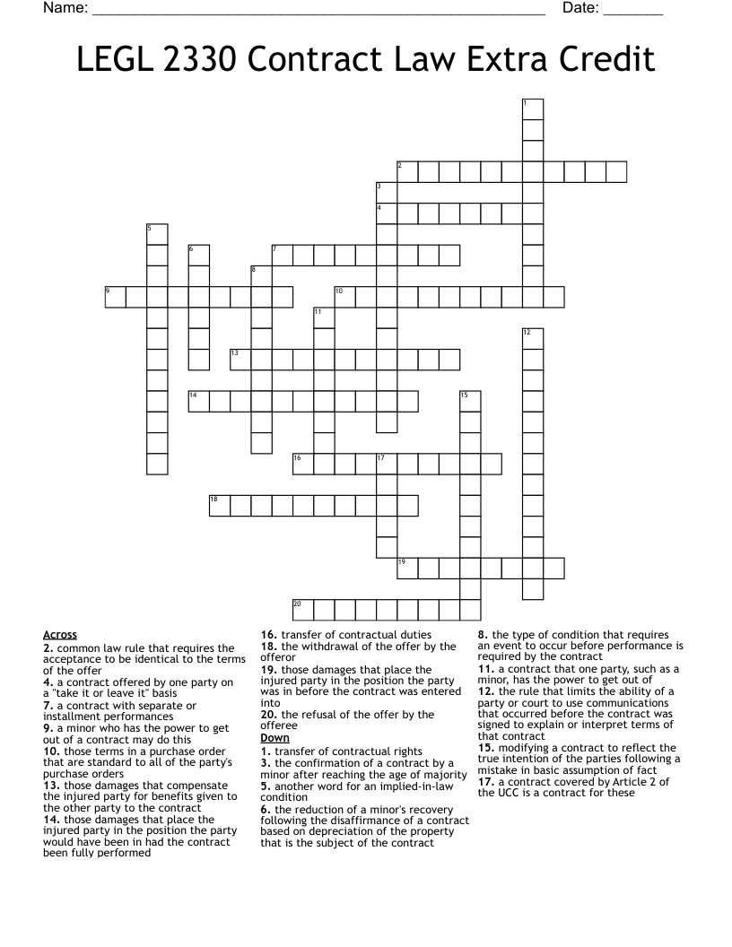 LEGL 2330 Contract Law Extra Credit Crossword