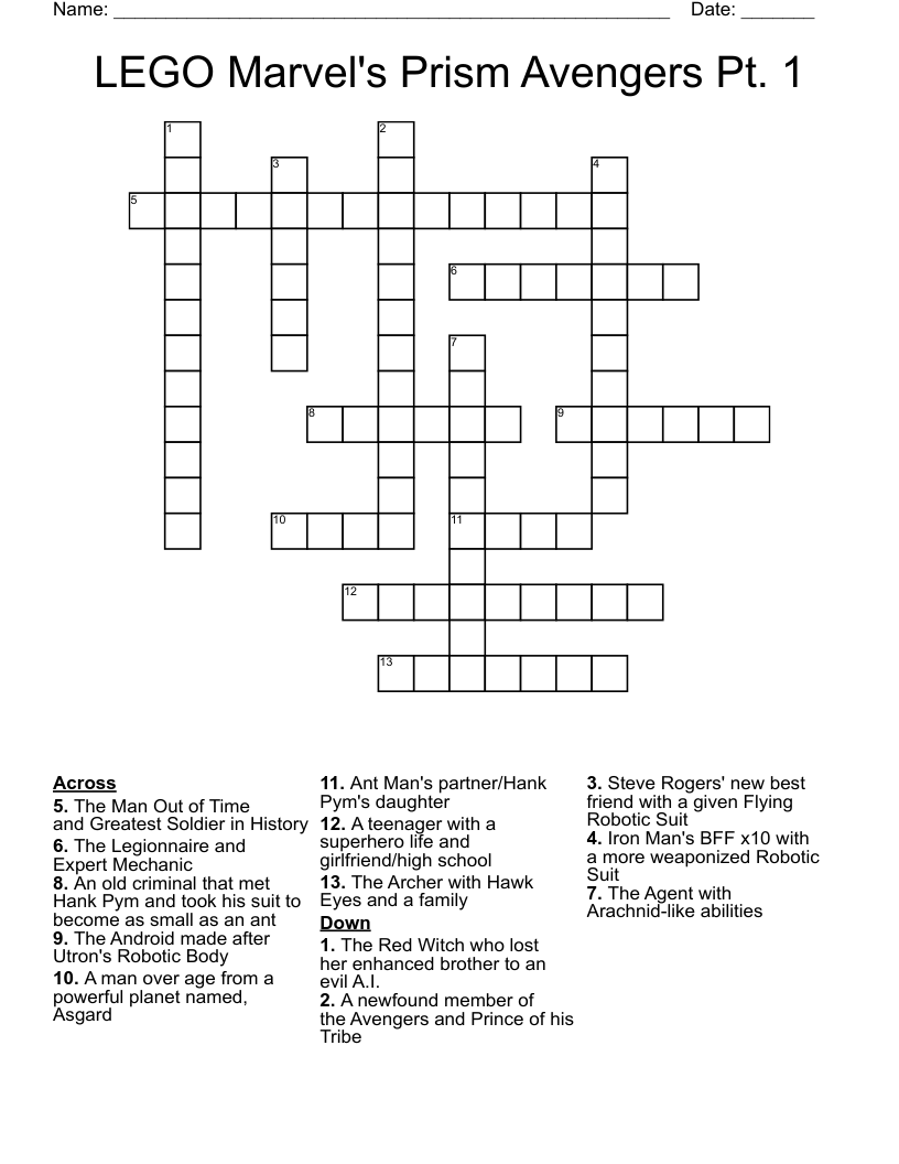 LEGO Marvel's Prism Avengers Pt. 1 Crossword