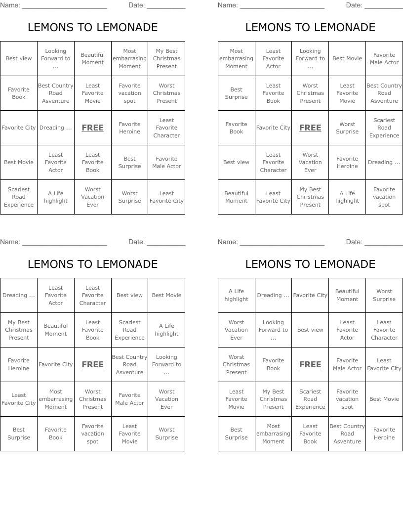 LEMONS TO LEMONADE Bingo Cards