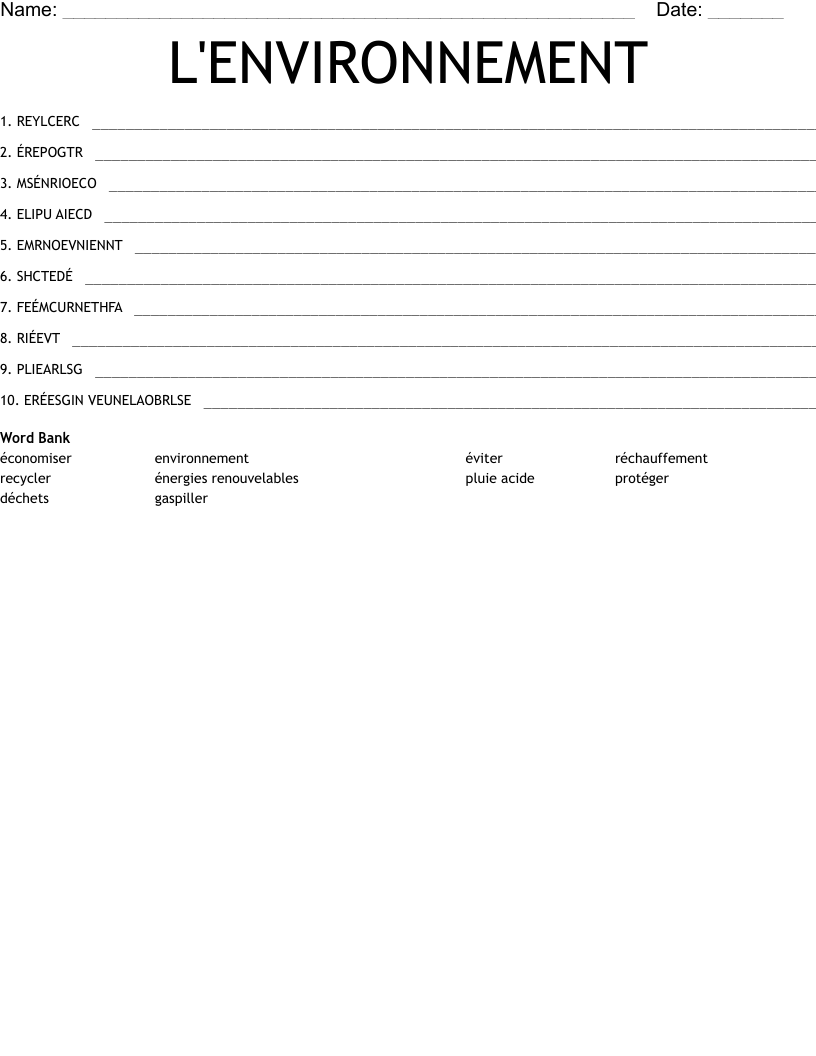 L'ENVIRONNEMENT  Word Scramble