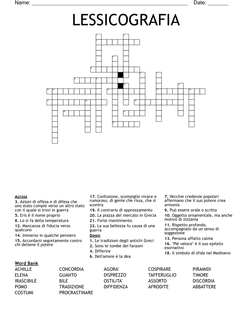 LESSICOGRAFIA Crossword