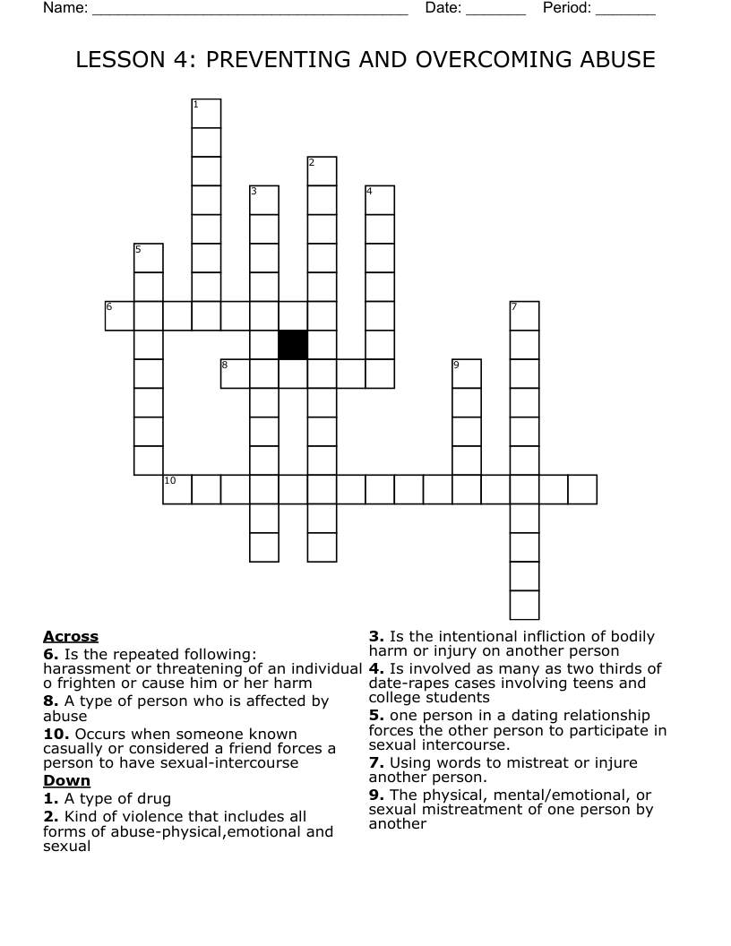 LESSON 4: PREVENTING AND OVERCOMING ABUSE Crossword