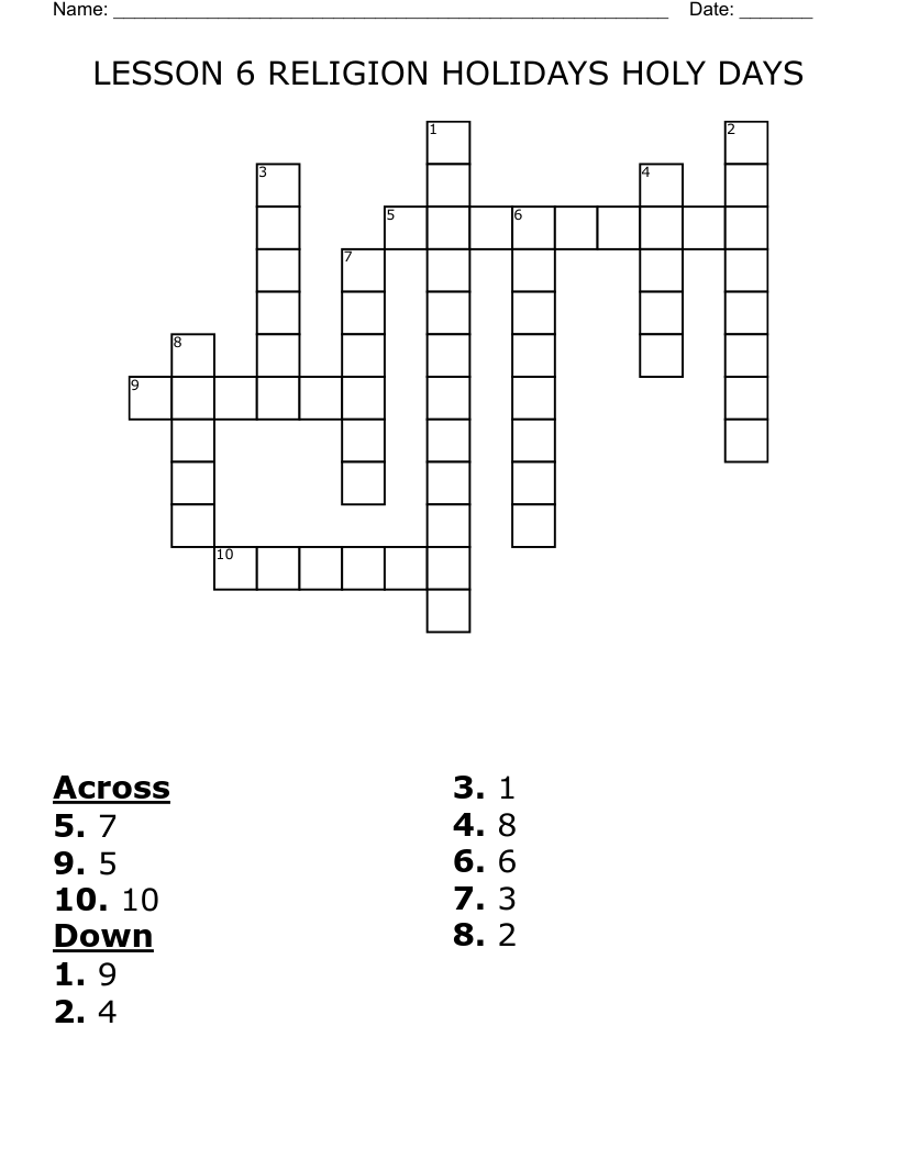 LESSON 6 RELIGION HOLIDAYS HOLY DAYS Crossword
