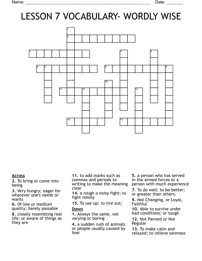 LESSON 7 VOCABULARY- WORDLY WISE Crossword