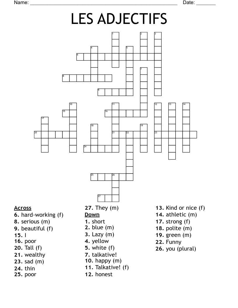 LES ADJECTIFS Crossword