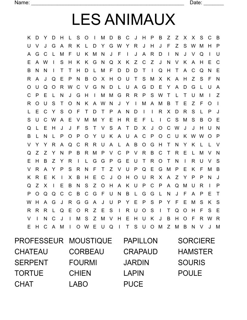 LES ANIMAUX Word Search