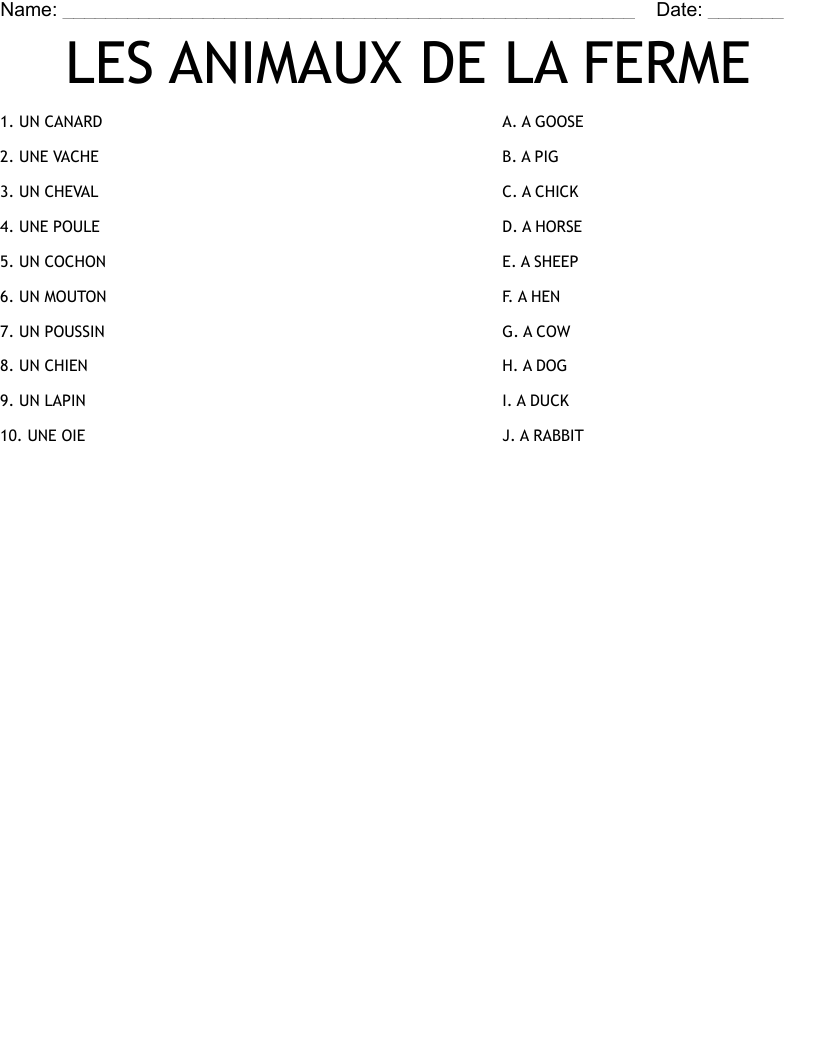 LES ANIMAUX DE LA FERME Worksheet