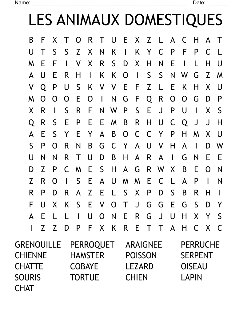 LES ANIMAUX DOMESTIQUES Word Search