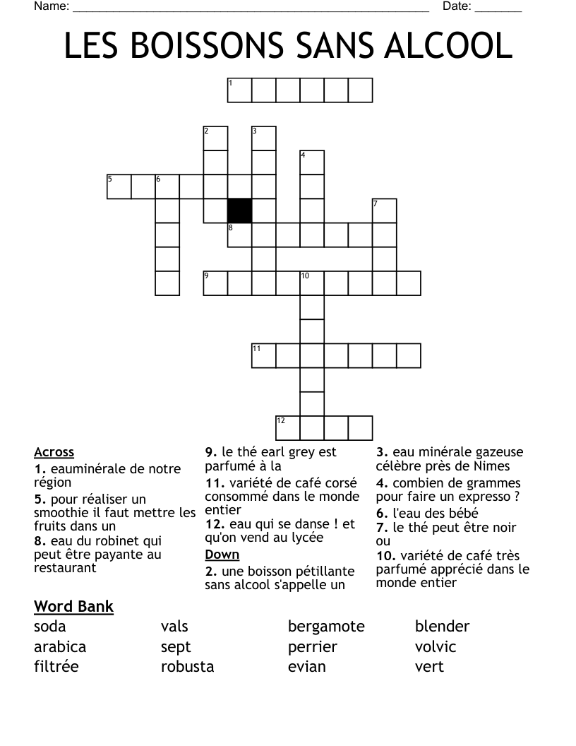 LES BOISSONS SANS ALCOOL Crossword