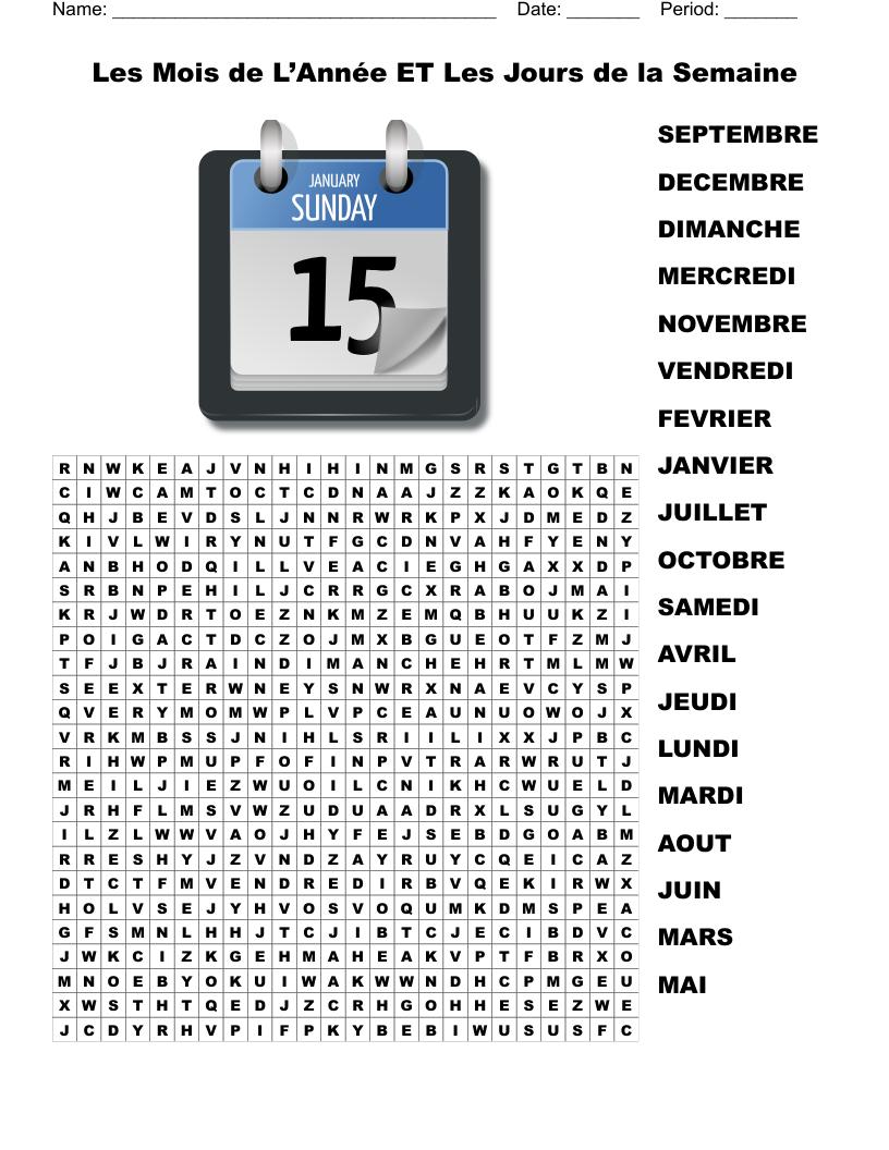 Les Mois de L’Année ET Les Jours de la Semaine Word Search