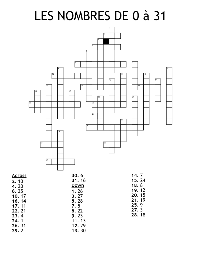 LES NOMBRES DE 0 à 31 Crossword