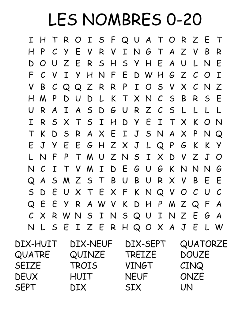 LES NOMBRES          0-20 Word Search