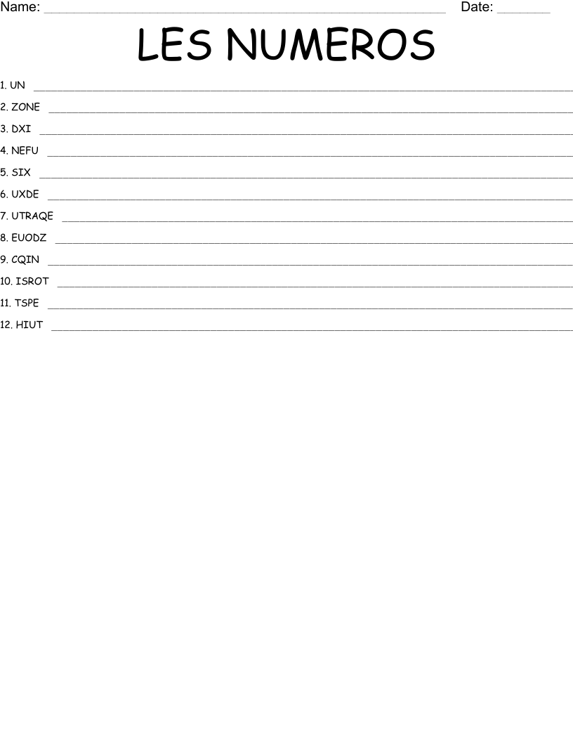 LES NUMEROS Word Scramble
