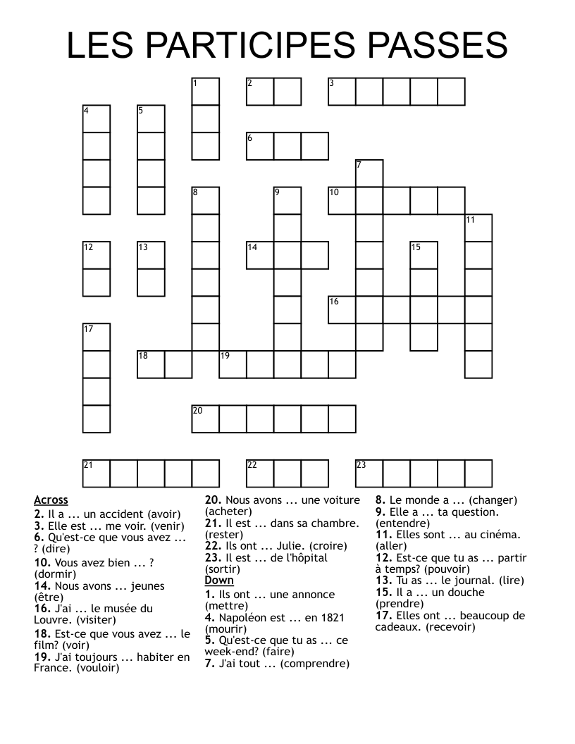 LES PARTICIPES PASSES Crossword