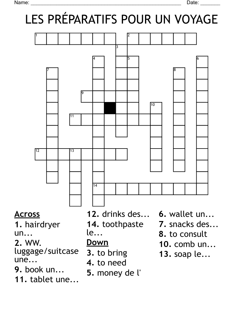 LES PRÉPARATIFS POUR UN VOYAGE Crossword