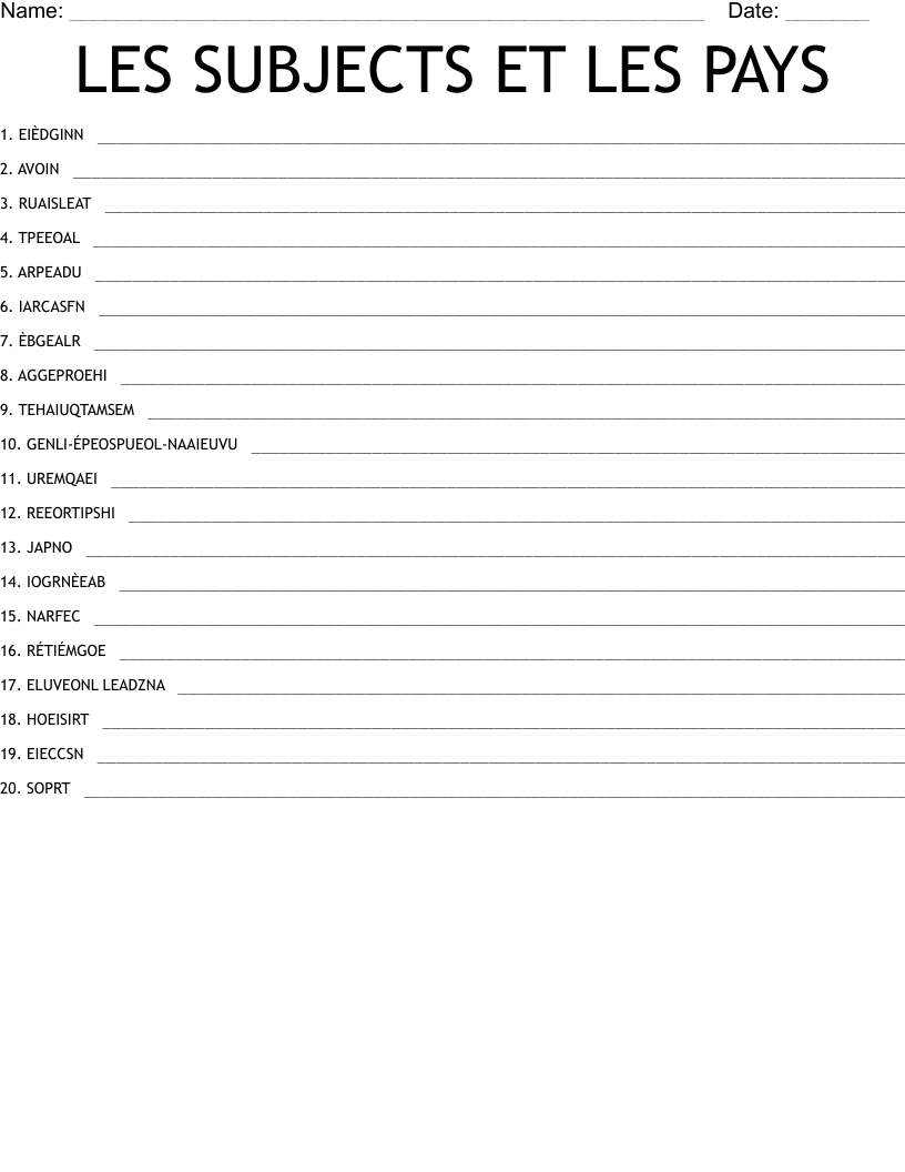 LES SUBJECTS ET LES PAYS Word Scramble