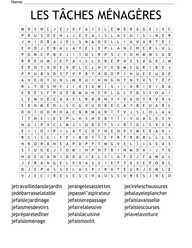 LES TÂCHES MÉNAGÈRES Word Search