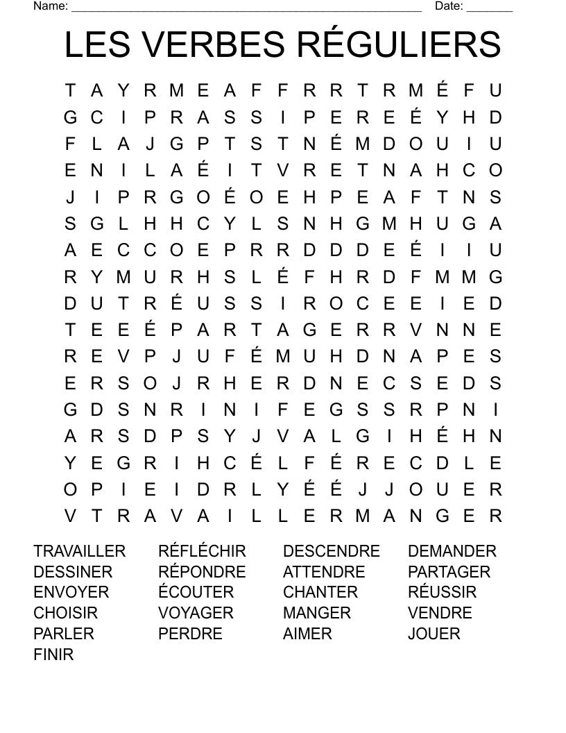 LES VERBES RÉGULIERS Word Search
