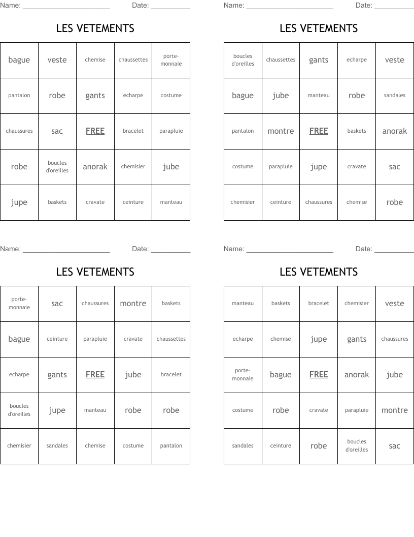 LES VETEMENTS Bingo Cards