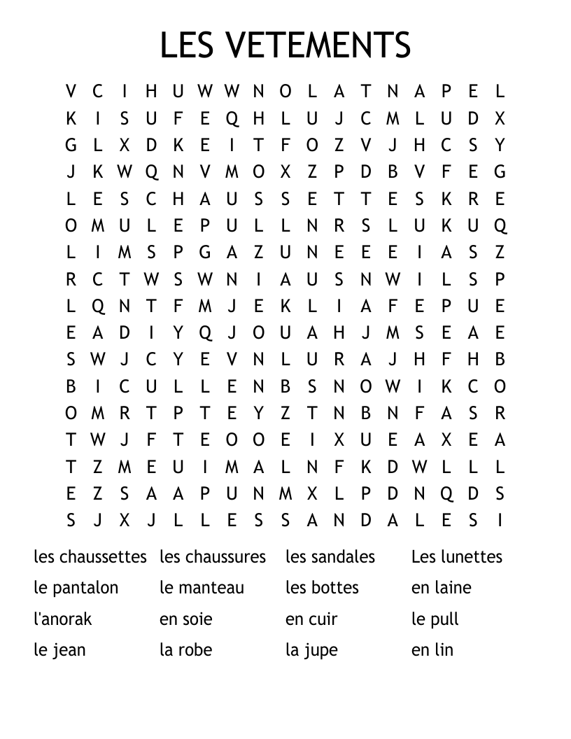 LES VETEMENTS  Word Search