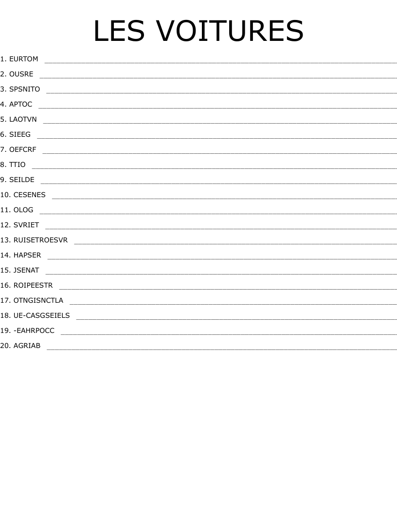 LES VOITURES Word Scramble