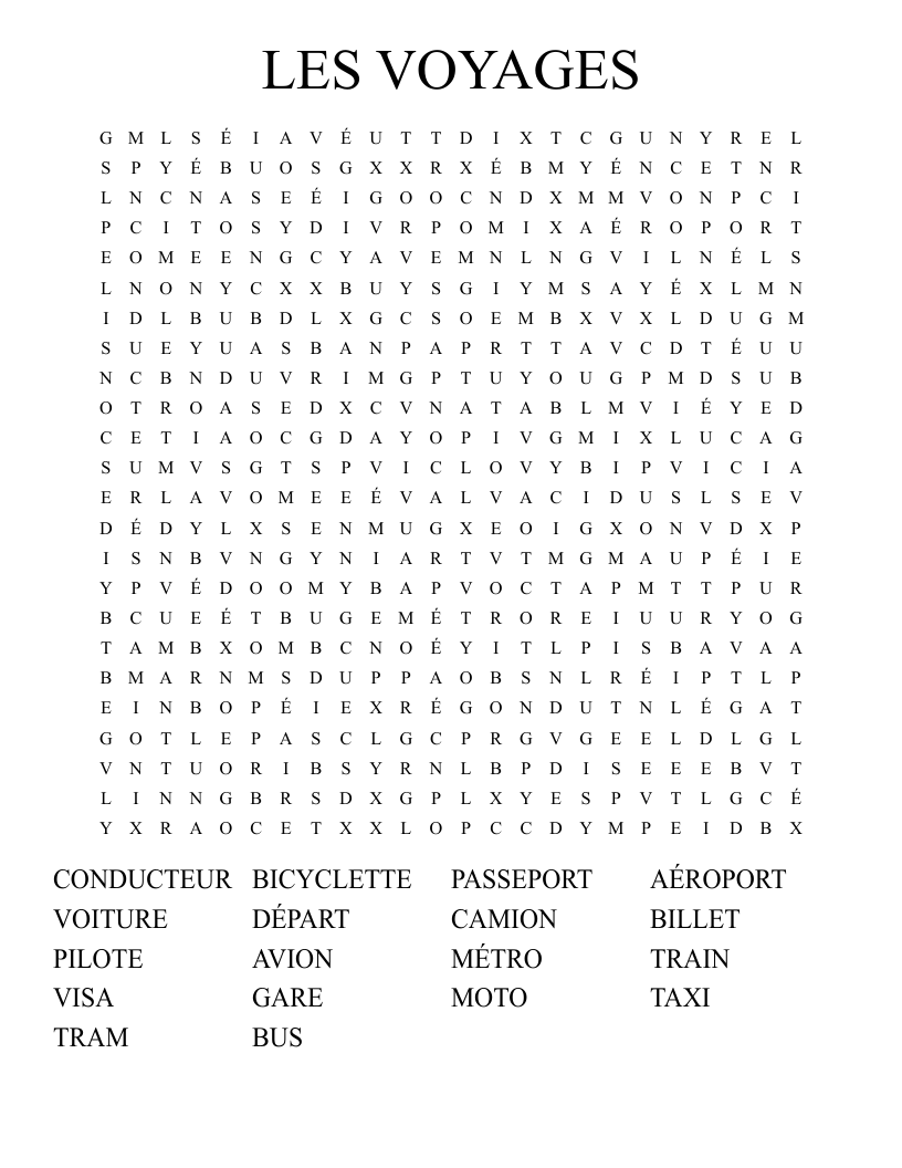 LES VOYAGES Word Search