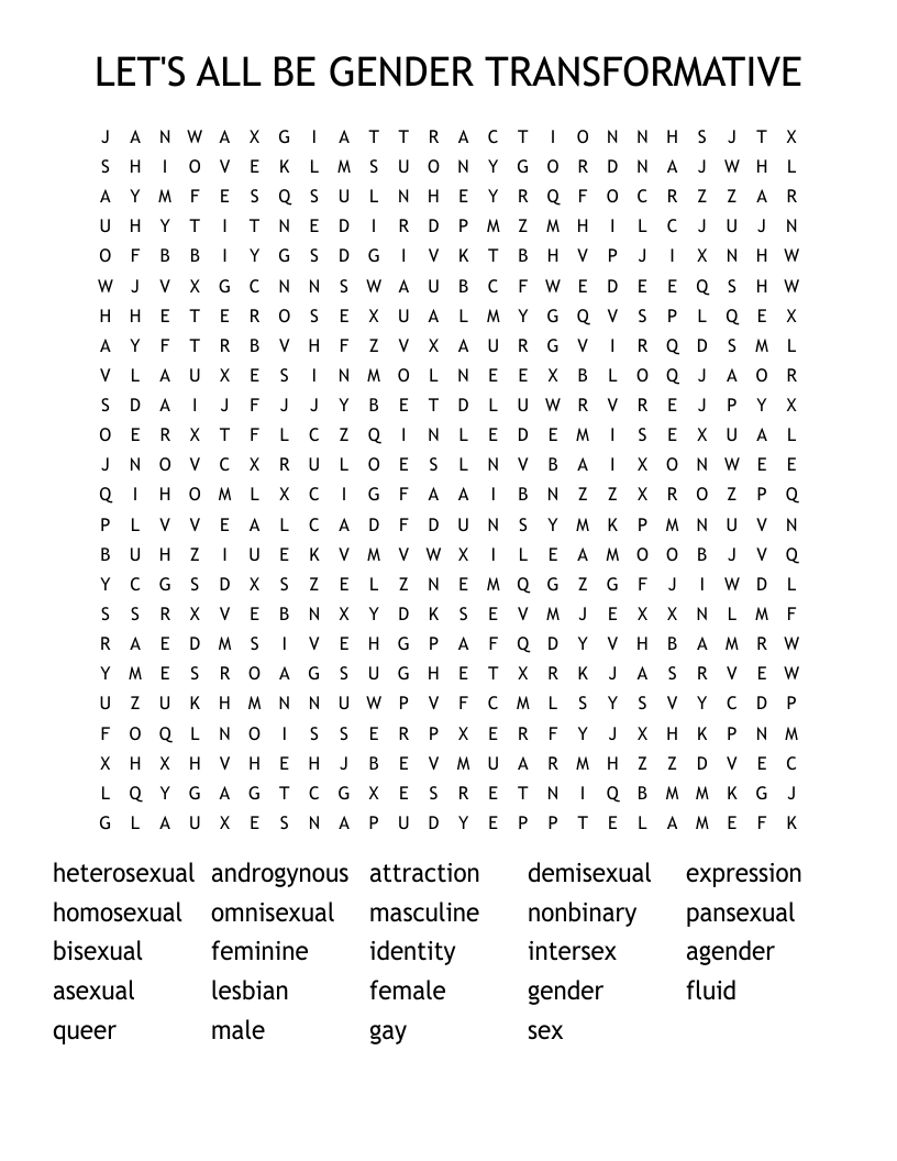 LET'S ALL BE GENDER TRANSFORMATIVE Word Search