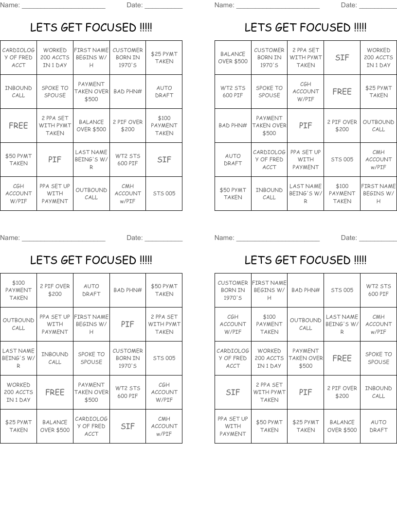 LETS GET FOCUSED !!!!! Bingo Cards