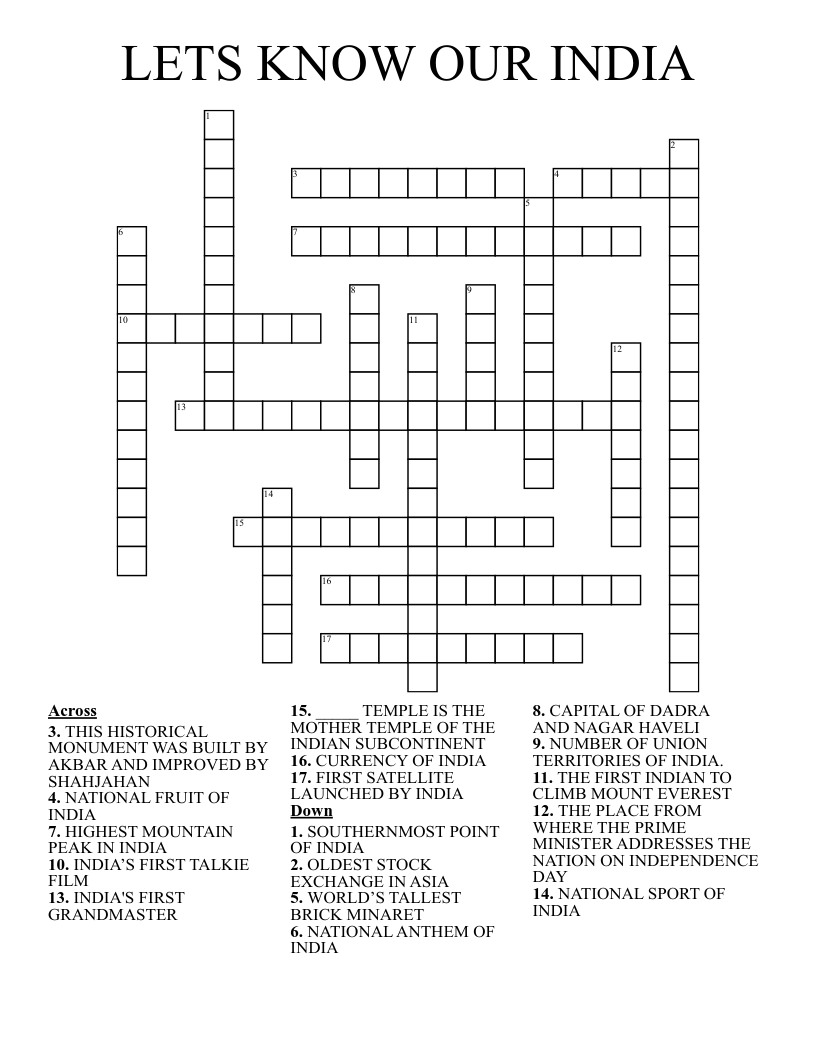 LETS KNOW OUR INDIA  Crossword