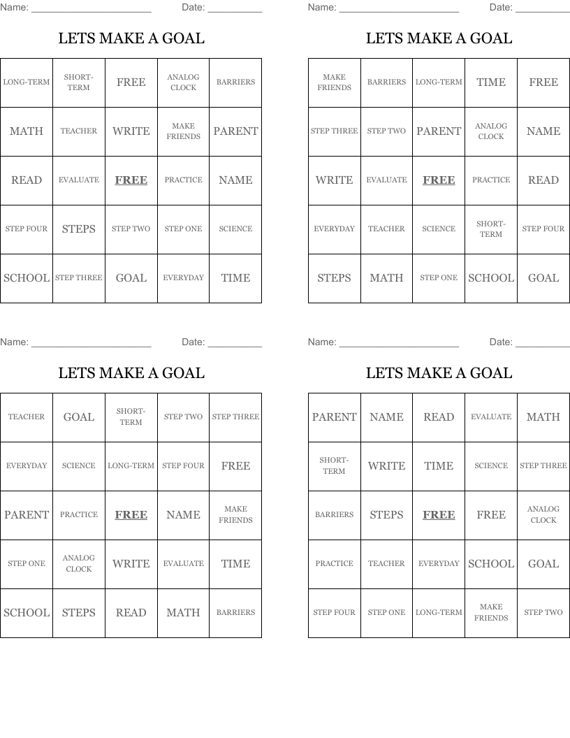 LETS MAKE A GOAL Bingo Cards