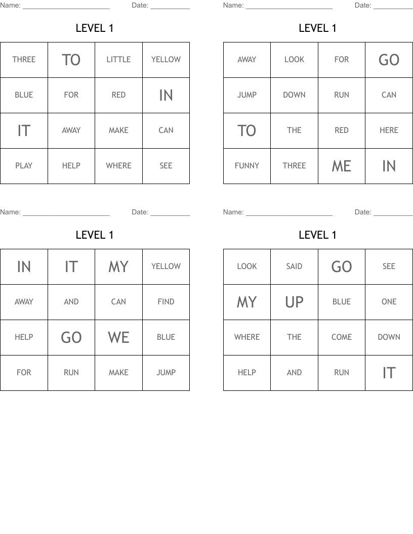 LEVEL 1 Bingo Cards