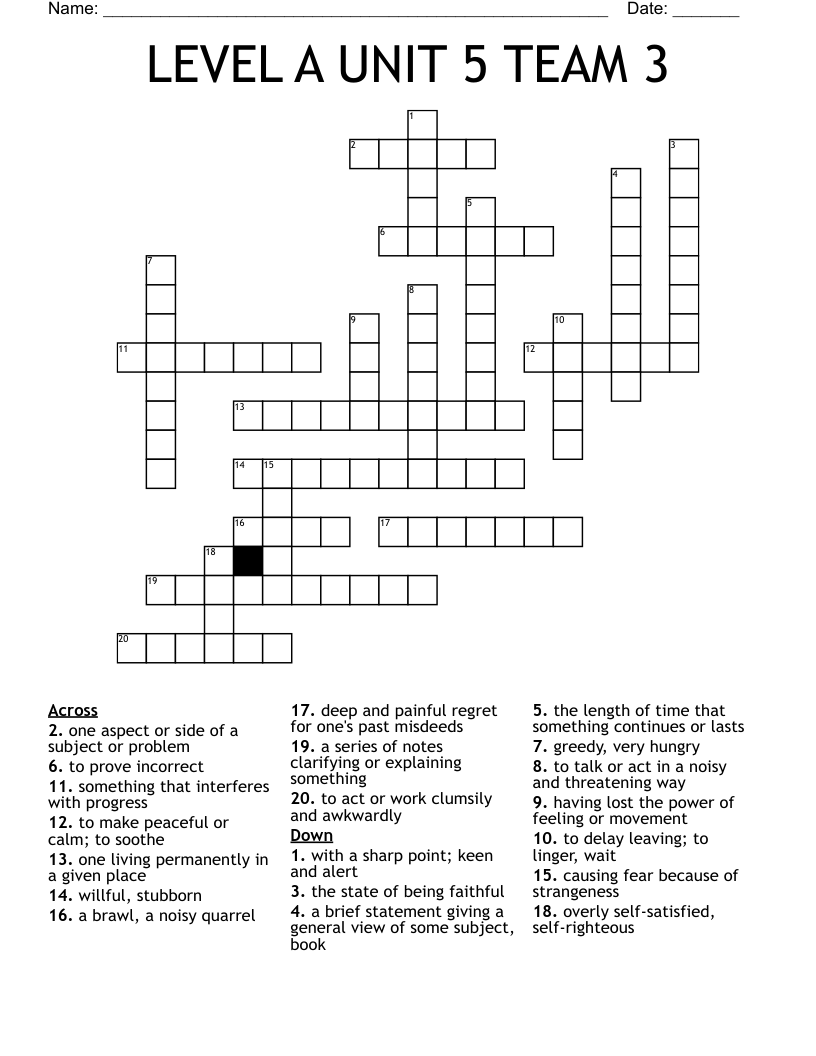LEVEL A  UNIT 5  TEAM 3 Crossword