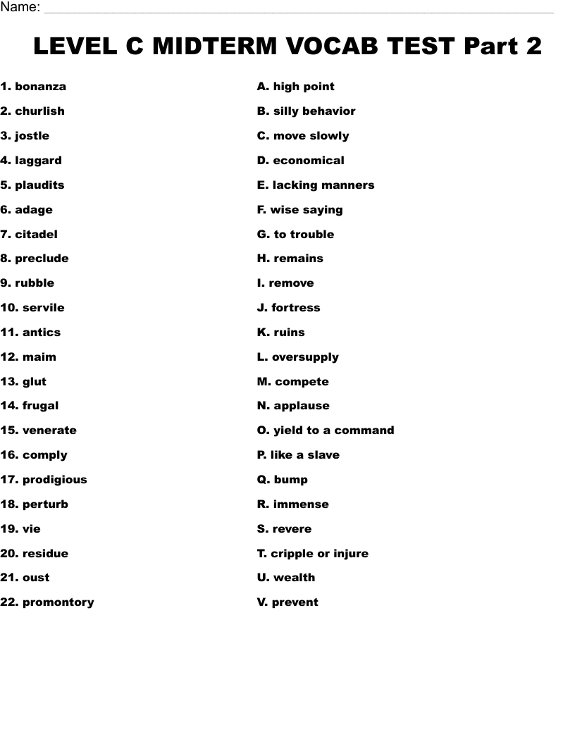 LEVEL C MIDTERM VOCAB TEST  Part 2 Worksheet