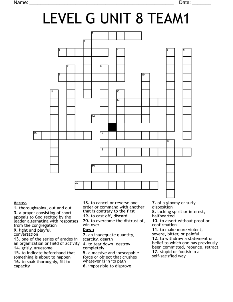 LEVEL G UNIT 8 TEAM1 Crossword