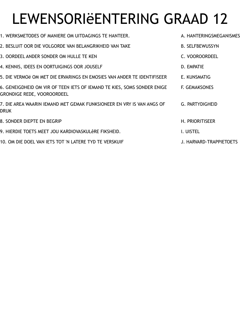 LEWENSORIëENTERING GRAAD 12 Worksheet