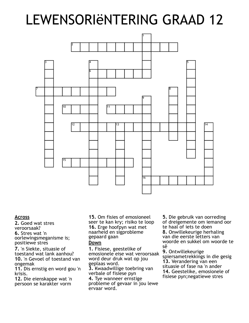 LEWENSORIëNTERING GRAAD 12 Crossword