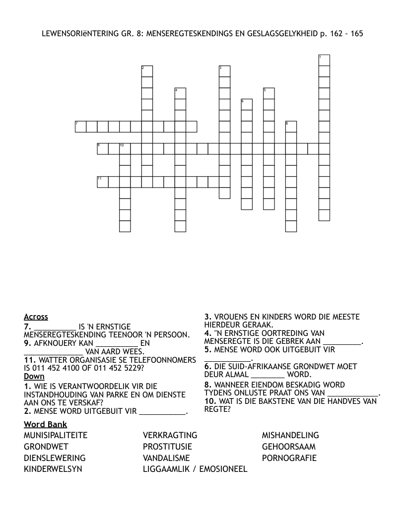 LEWENSORIëNTERING GR. 8: MENSEREGTESKENDINGS EN GESLAGSGELYKHEID p. 162 - 165 Crossword