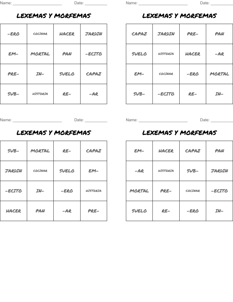 LEXEMAS Y MORFEMAS Bingo Cards