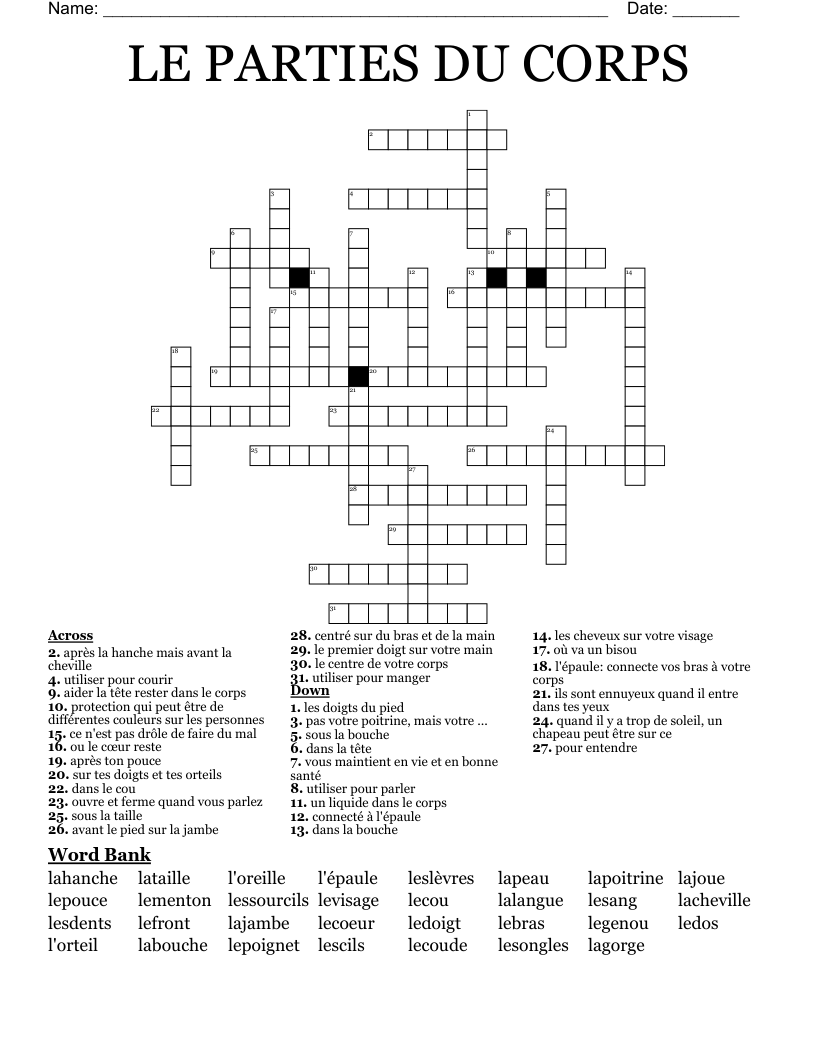 LE PARTIES DU CORPS Crossword