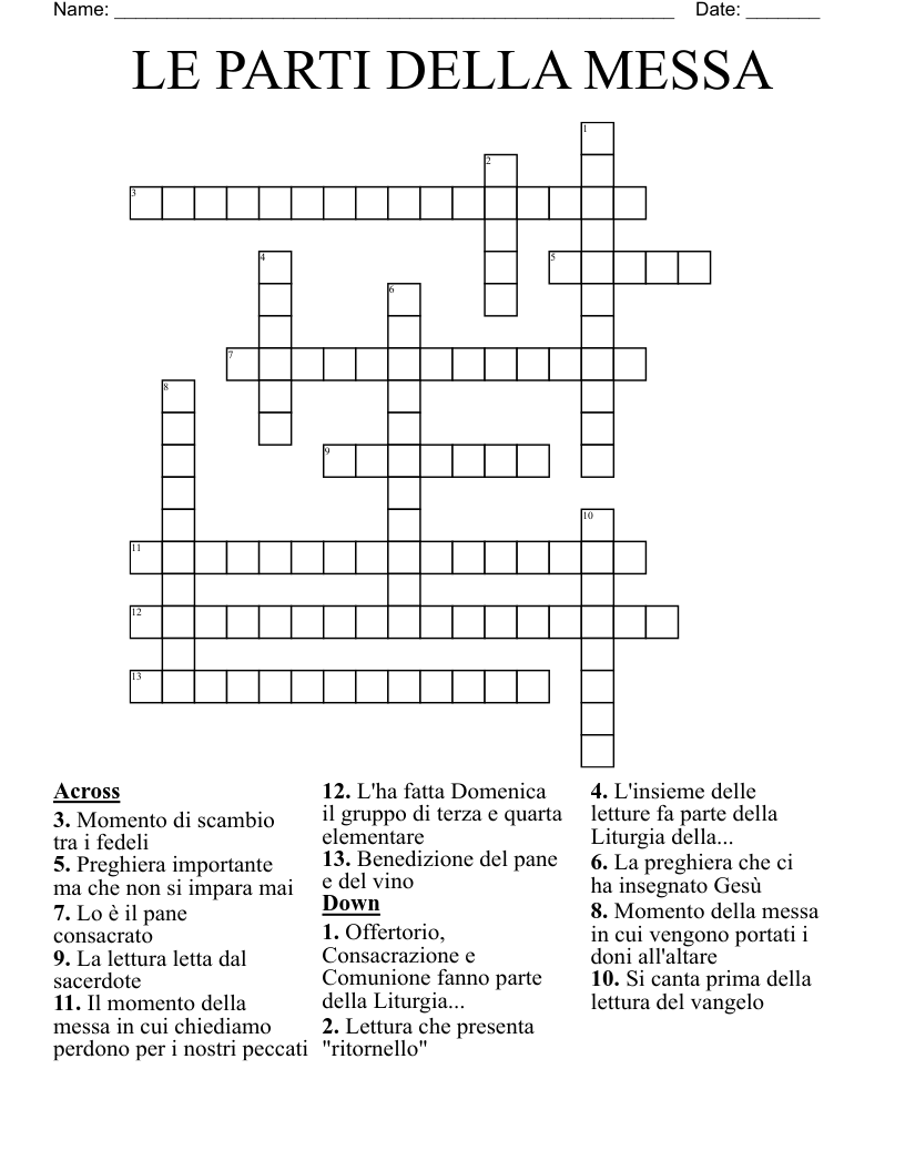 LE PARTI DELLA MESSA Crossword
