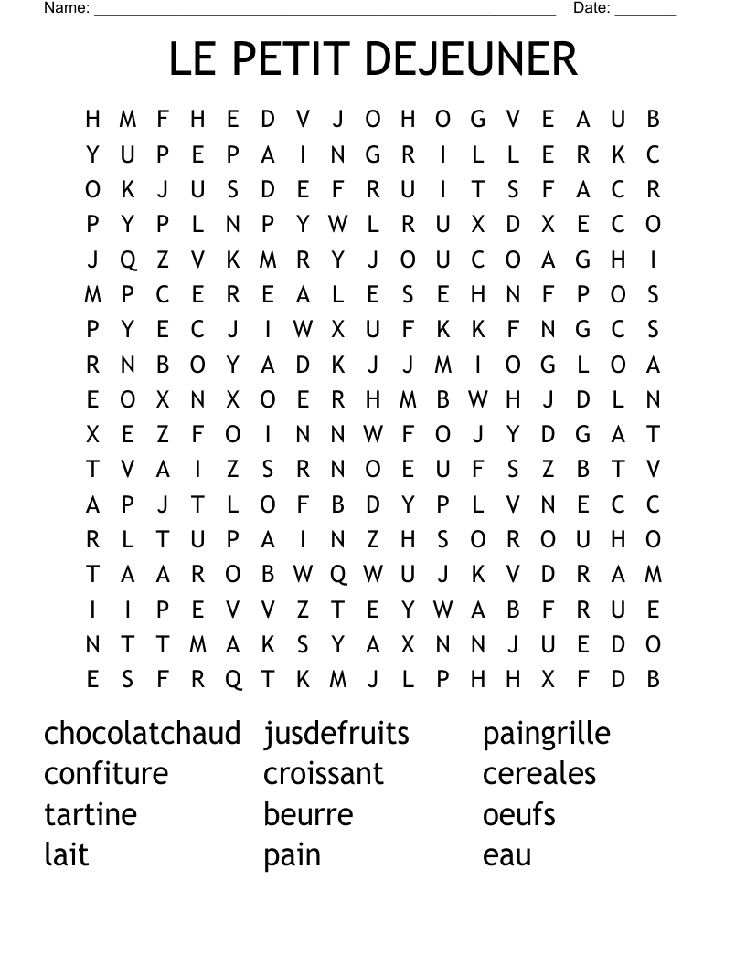 LE PETIT DEJEUNER Word Search