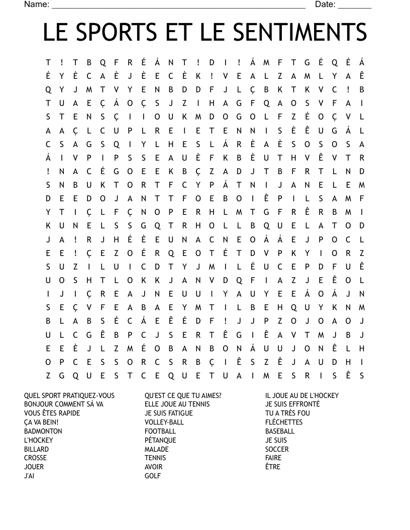 LE SPORTS ET LE SENTIMENTS Word Search