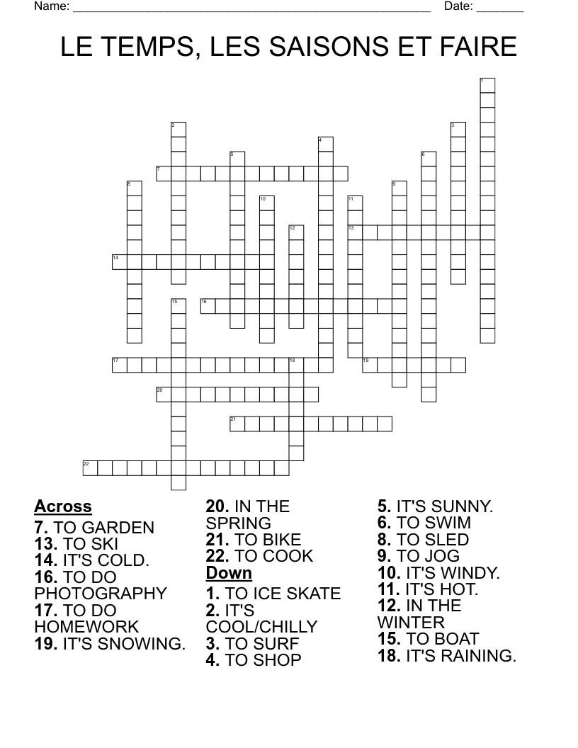 LE TEMPS, LES SAISONS ET FAIRE Crossword