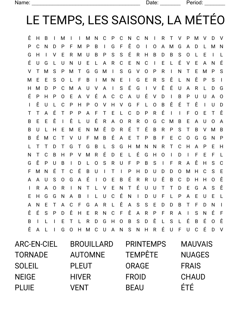 LE TEMPS, LES SAISONS, LA MÉTÉO Word Search