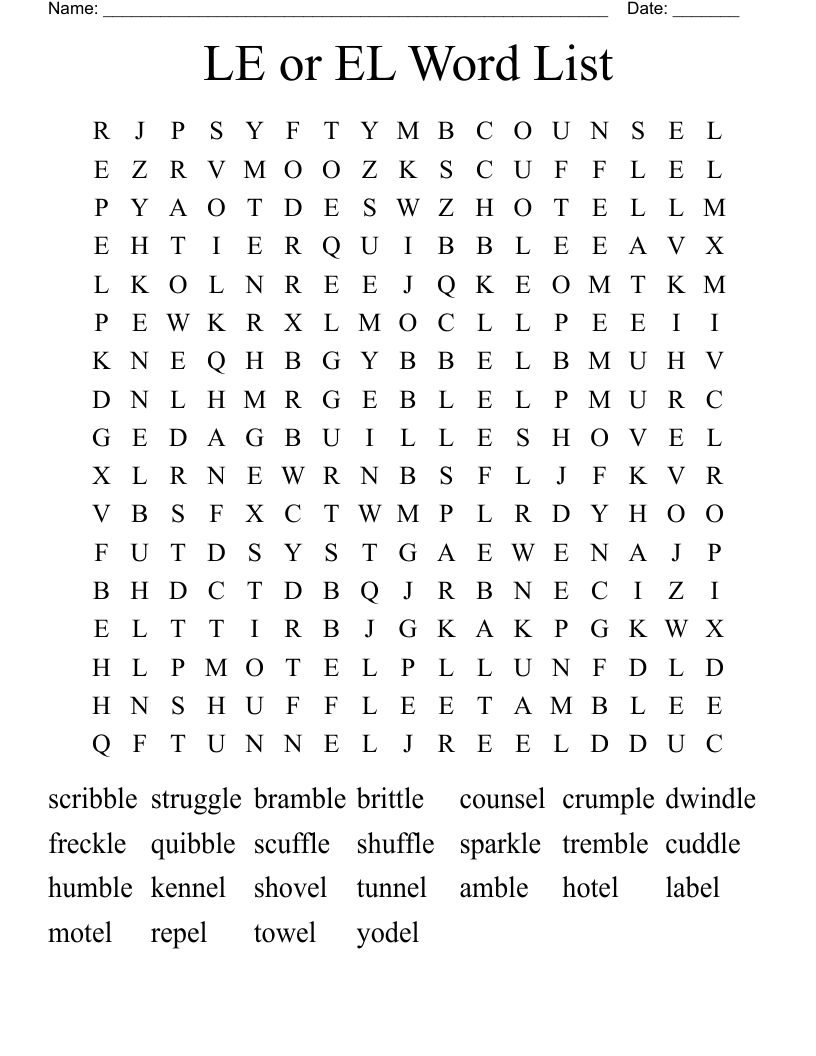 LE or EL Word List Word Search